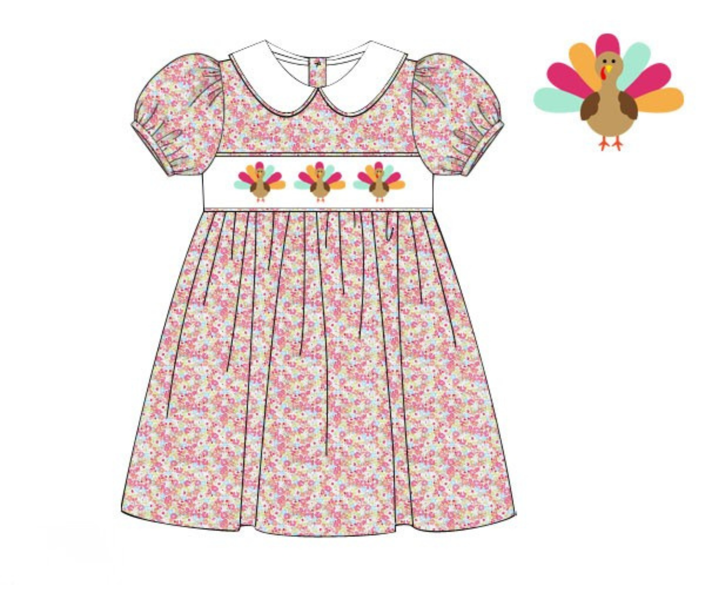 *PREORDER* Colorful Turkeys Hand Smocked Floral Dress