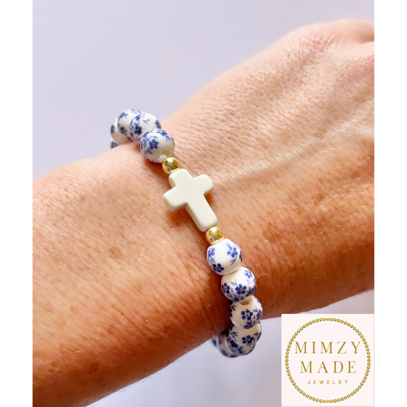 Blue & White Cross Bracelet (Adult Size)