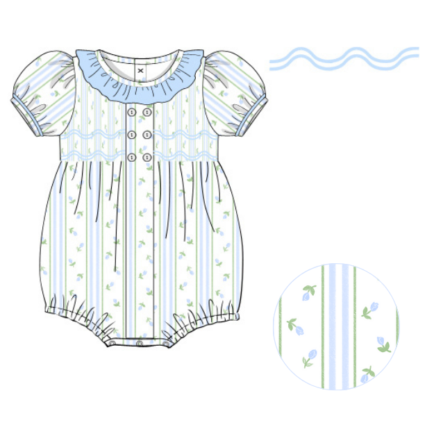 Blue Tulips Smocked Bubble